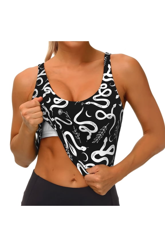 Hand Drawn Snake Print Womens' Sports Bras Scoop Neck Sports Vest- Padded U Back Seamless High Impact Support