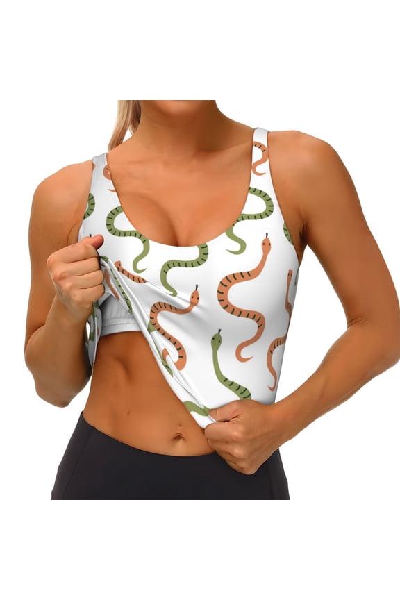 Hand Drawn Snake Print Womens' Sports Bras Scoop Neck Sports Vest- Padded U Back Seamless High Impact Support