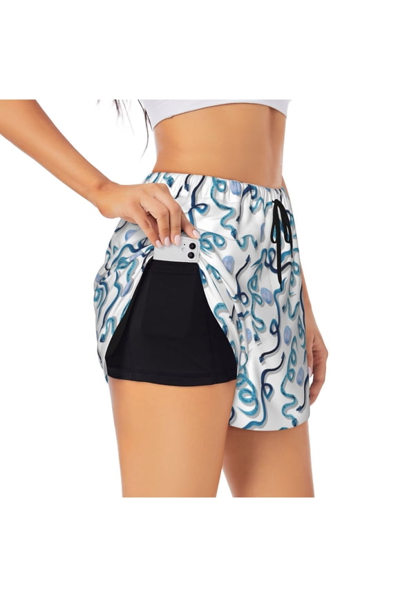 Hand Drawn Snake Printed 2 in 1 Women's Workout Shorts for Athletic Gym Running Shorts with Phone Pockets-X-Large