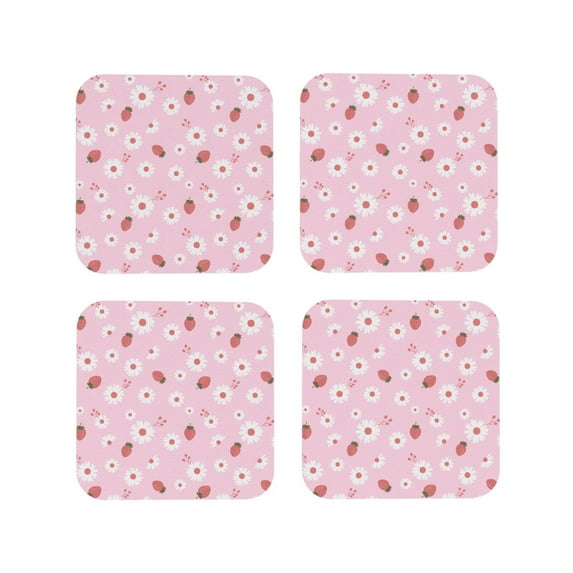 Rateoe Hand Drawn Strawberry Drawing Drink Coasters Set of 4 Leather Coasters Spill Protection for Table Desk,Durable and Non Slip Leather Coaster ,4 Inches Drink Mats-Square