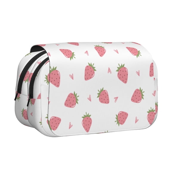 Rateoe Hand Drawn Strawberry Pattern Double Clamshell Pen Case, Storage Organizer with Two Zipper Compartments– Holds Up to 50 Pencils & Pens