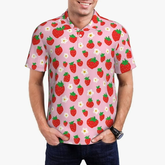 Rateoe Hand Drawn Strawberry Pattern Men's Short Sleeve Polo Shirts, Golf Polo Shirts Short Sleeve Performance Moisture Wicking Dry-Medium