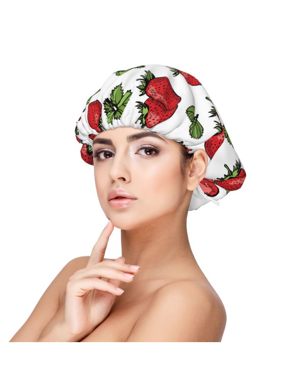 Hand Drawn Strawberry Pattern Silk Satin Hair Bonnet for Sleeping, Adjustable Sleep Cap Turban for Women , Curly Straight Hair Long Large Braid
