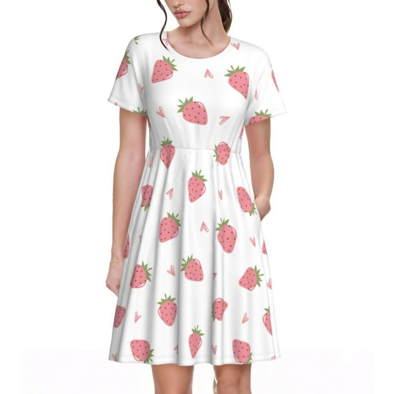 Rateoe Hand Drawn Strawberry Pattern Women’s Short Sleeve Dress – Casual Elegant Summer A-Line Dress for Everyday Wear
