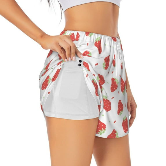 Rateoe Hand Drawn Strawberry Printed 2 in 1 Women's Workout Shorts for Athletic Gym Running Shorts with Phone Pockets-Large