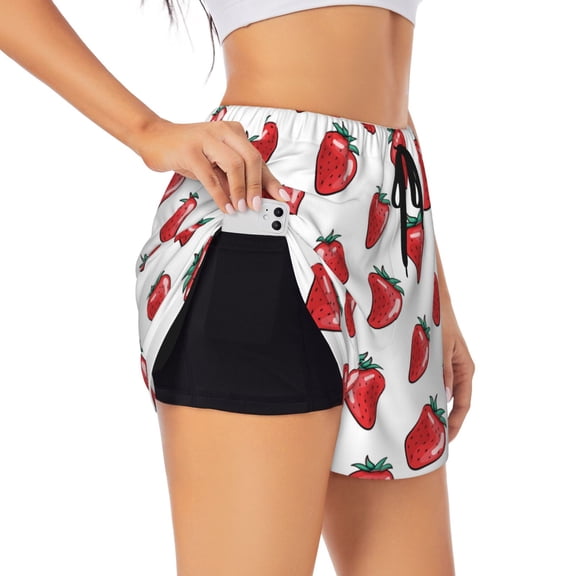 Rateoe Hand Drawn Strawberry Printed 2 in 1 Women's Workout Shorts for Athletic Gym Running Shorts with Phone Pockets-