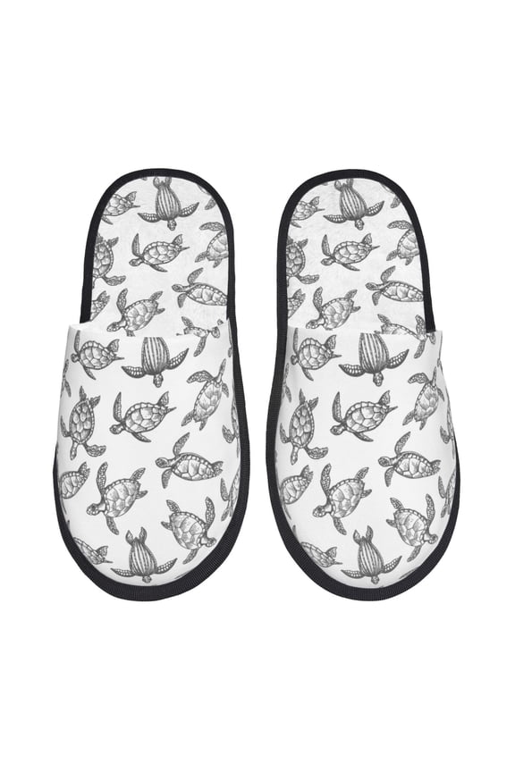 Hand Drawn Turtle Pattern Fuzzy Slippers Fuzzy Soft House Slippers Plush Furry Warm Cozy Open Toe Fluffy Home Shoes-Medium