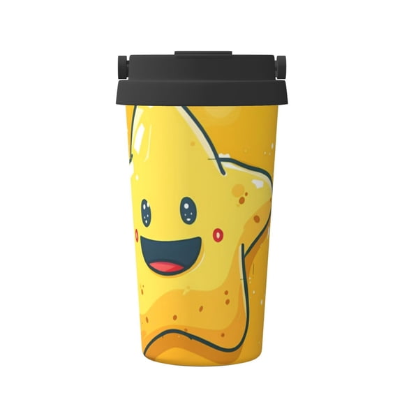 Rateoe Happy Cartoon Star Pattern Travel Coffee Mug Tumbler with Flip Lid | Reusable Insulated Stainless Steel Cold Brew Iced Coffee Cup Thermos