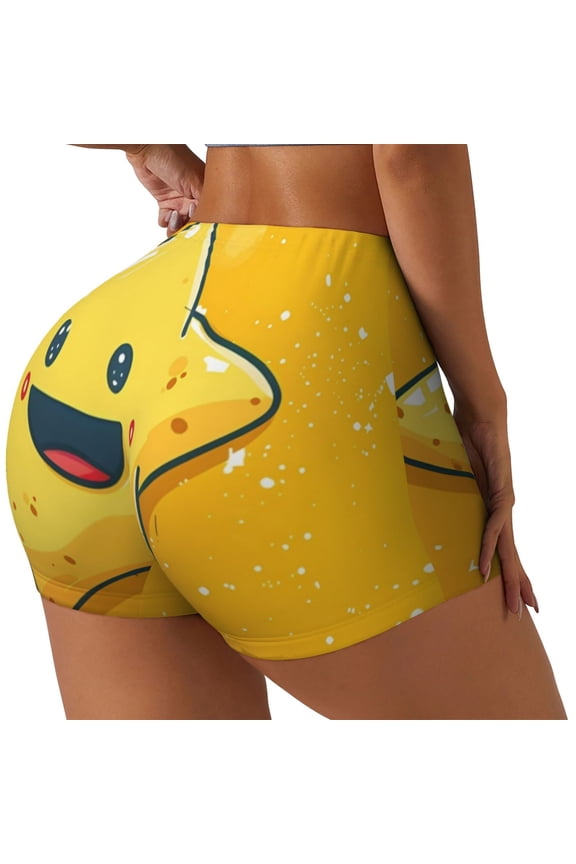 Happy Cartoon Star Printed Power Workout Shorts for Women Tummy Control Squat Proof Ribbed Thick Seamless Scrunch Active Short-Large