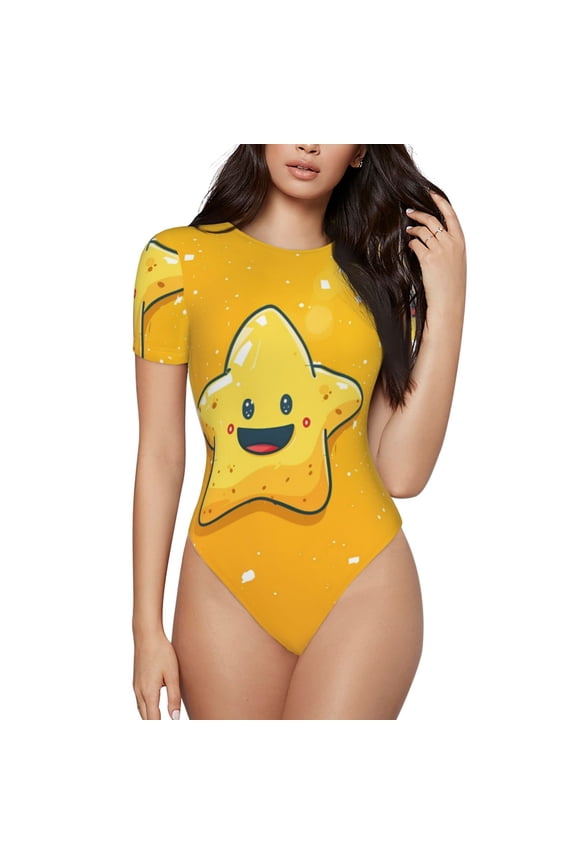 Happy Cartoon Star Printed Women Rash Guard Short Sleeve,Tummy control Swimsuit Surfing Swimsuit Bathing Suit Short-sleeved Onesie UPF 50+ -Medium