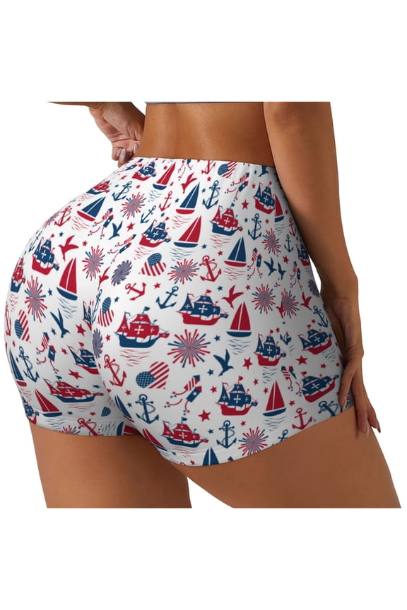 Happy Columbus Day Printed Power Workout Shorts for Women Tummy Control Squat Proof Ribbed Thick Seamless Scrunch Active Short-XX-Large
