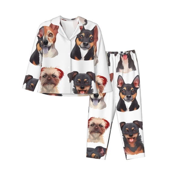 Rateoe Happy Dog Faces Collage Pattern Womens Pajamas Set Long Sleeve Sleepwear Button Down Nightwear Soft Cotton Pj Lounge Sets-