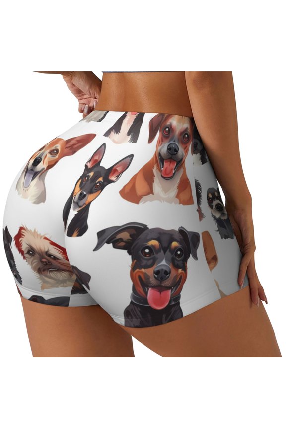 Happy Dog Faces Collage Printed Power Workout Shorts for Women Tummy Control Squat Proof Ribbed Thick Seamless Scrunch Active Short-X-Large