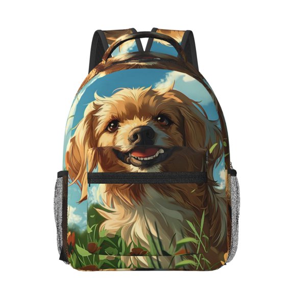 Rateoe Happy Dog In Flower Field Pattern Durable Student Backpack Laptop Bag- Ergonomic Design, Waterproof Twill Fabric - Ideal for School, Travel, and Outdoor Activities-One Size