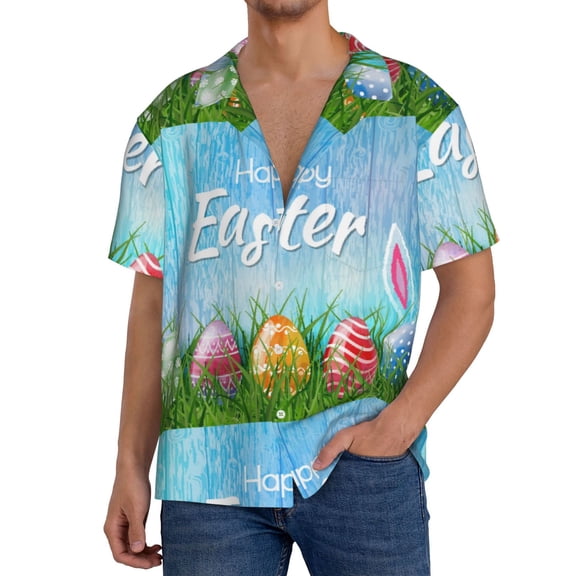 Rateoe Happy Easter Pattern Men's Short Sleeve Classic Shirt, Casual Short-Sleeved Shirt, Lightweight Summer Shirt, Cuban Collar Shirt,Button-Front Shirt-4X-Large
