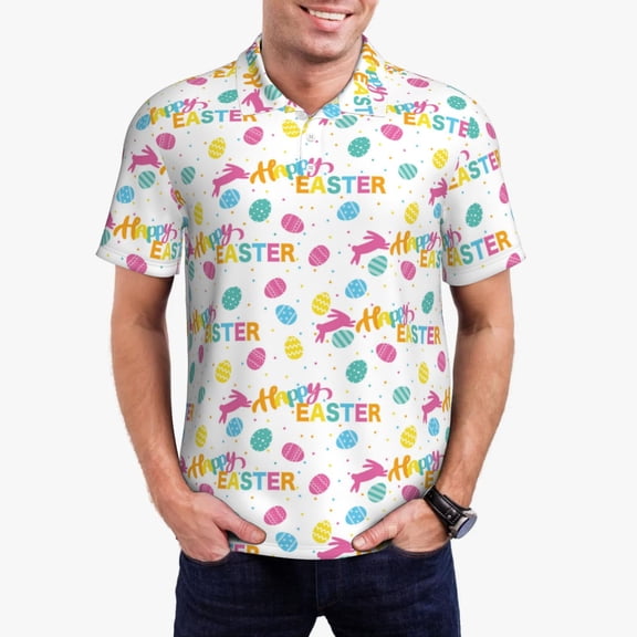 Rateoe Happy Easter Pattern Men's Short Sleeve Polo Shirts, Golf Polo Shirts Short Sleeve Performance Moisture Wicking Dry-3X-Large