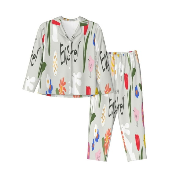 Rateoe Happy Easter Pattern Womens Pajamas Set Long Sleeve Sleepwear Button Down Nightwear Soft Cotton Pj Lounge Sets-Large
