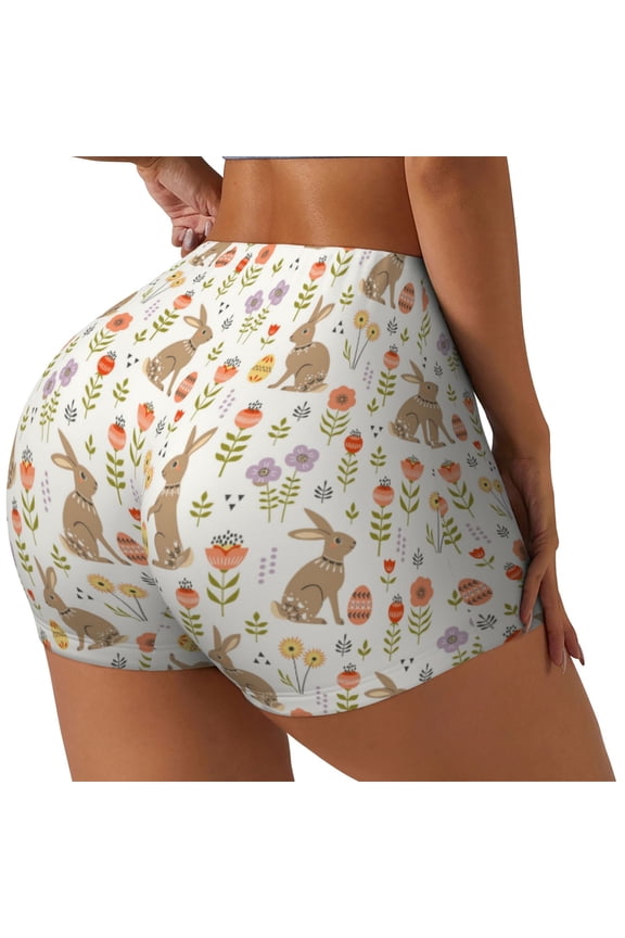 Happy Easter Printed Power Workout Shorts for Women Tummy Control Squat Proof Ribbed Thick Seamless Scrunch Active Short-Large