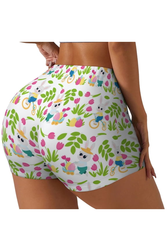 Happy Easter Printed Power Workout Shorts for Women Tummy Control Squat Proof Ribbed Thick Seamless Scrunch Active Short-Large