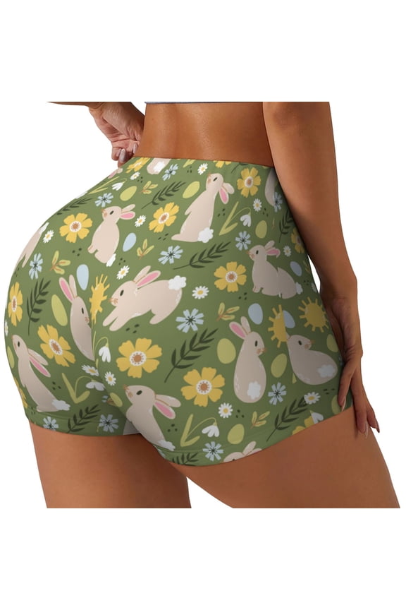 Happy Easter Printed Power Workout Shorts for Women Tummy Control Squat Proof Ribbed Thick Seamless Scrunch Active Short-Large