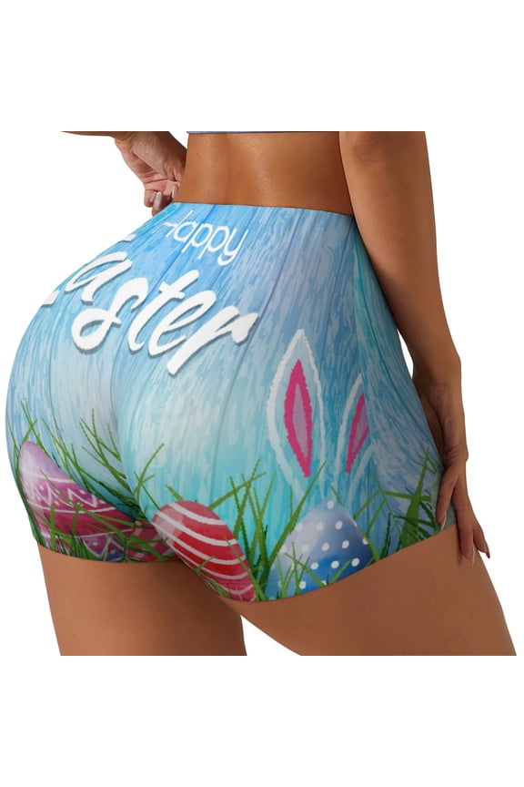 Happy Easter Printed Power Workout Shorts for Women Tummy Control Squat Proof Ribbed Thick Seamless Scrunch Active Short-Large