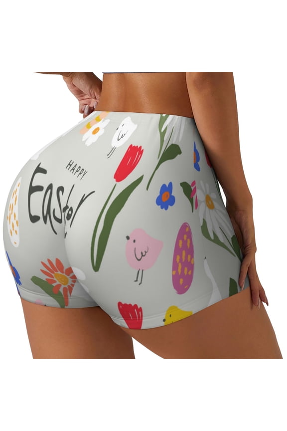 Happy Easter Printed Power Workout Shorts for Women Tummy Control Squat Proof Ribbed Thick Seamless Scrunch Active Short-Large