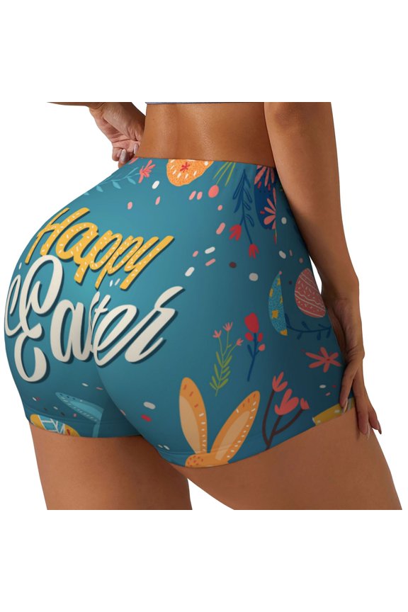 Happy Easter Printed Power Workout Shorts for Women Tummy Control Squat Proof Ribbed Thick Seamless Scrunch Active Short-Medium
