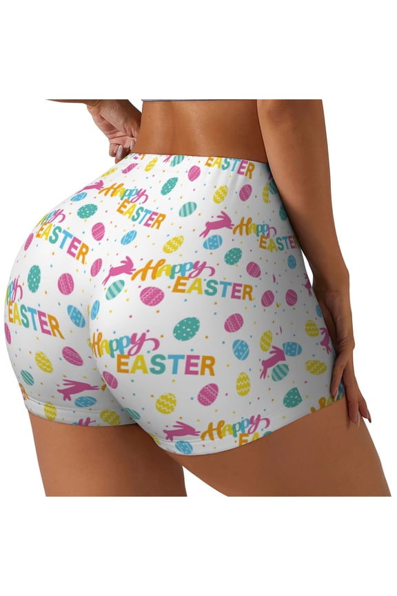 Happy Easter Printed Power Workout Shorts for Women Tummy Control Squat Proof Ribbed Thick Seamless Scrunch Active Short-XX-Large