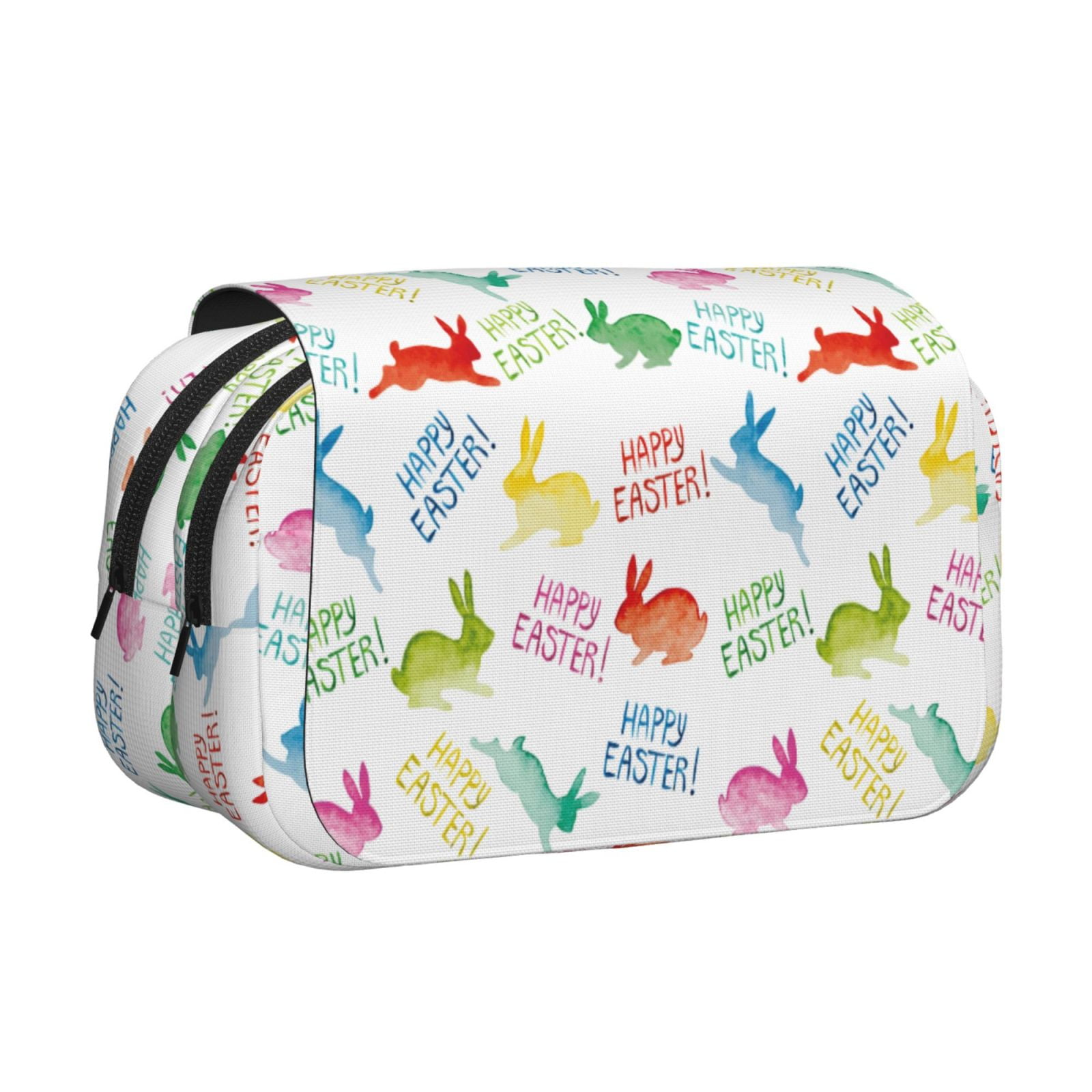 Rateoe Happy Easter Rabbit Pattern Double Clamshell Pen Case, Storage Organizer with Two Zipper Compartments– Holds Up to 50 Pencils & Pens