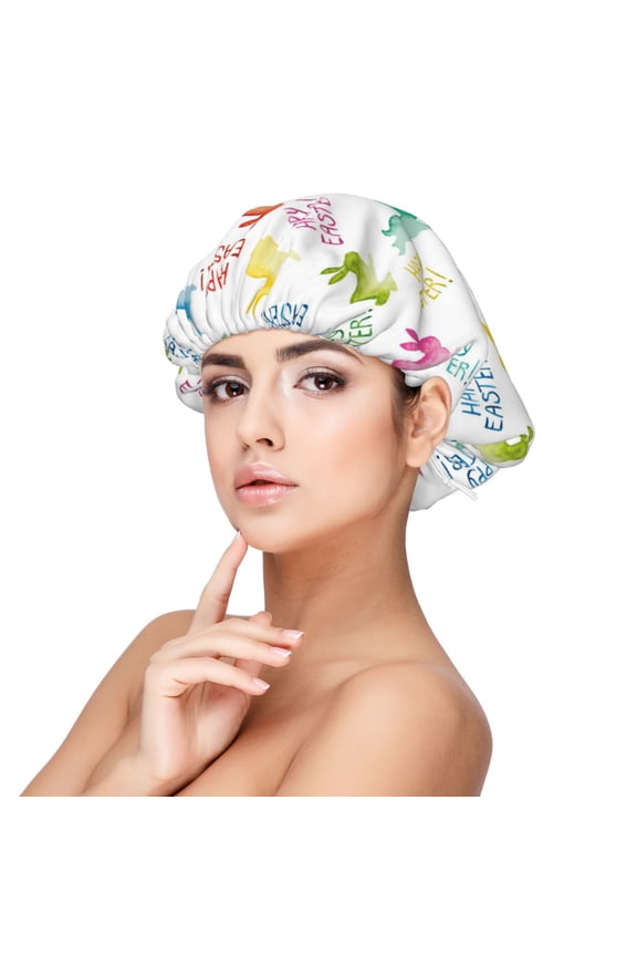 Happy Easter Rabbit Pattern Silk Satin Hair Bonnet for Sleeping, Adjustable Sleep Cap Turban for Women , Curly Straight Hair Long Large Braid