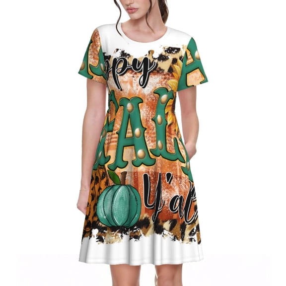 Rateoe Happy Fall Y'All Pattern Women’s Short Sleeve Dress – Casual Elegant Summer A-Line Dress for Everyday Wear