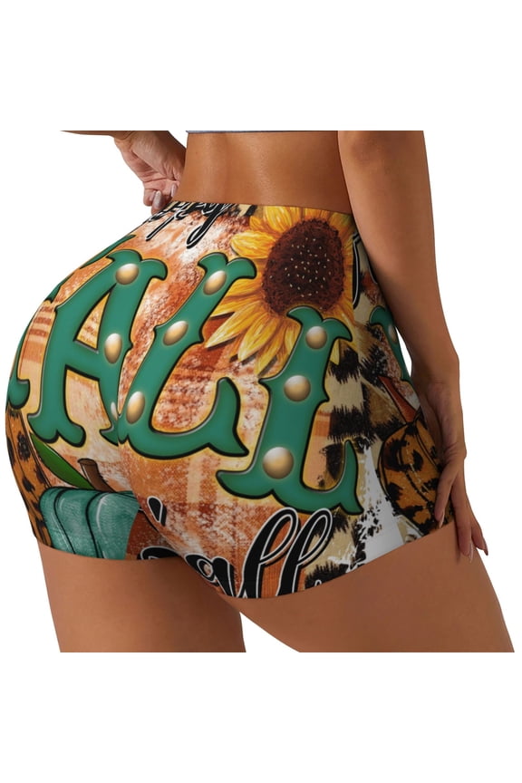 Happy Fall Y'All Printed Power Workout Shorts for Women Tummy Control Squat Proof Ribbed Thick Seamless Scrunch Active Short-X-Large