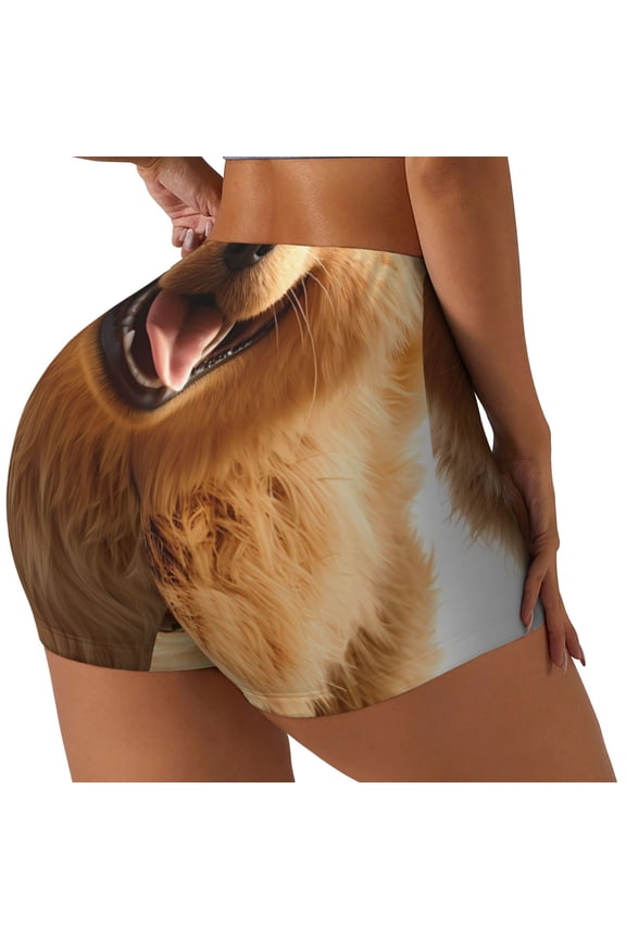 Happy Fluffy Running Dog Printed Power Workout Shorts for Women Tummy Control Squat Proof Ribbed Thick Seamless Scrunch Active Short-X-Large