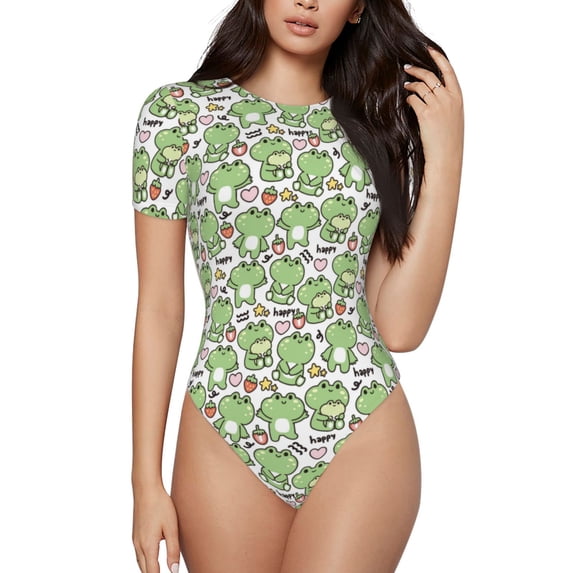 Rateoe Happy Frogs Printed Women Rash Guard Short Sleeve,Tummy control Swimsuit Surfing Swimsuit Bathing Suit Short-sleeved Onesie UPF 50+ -Small