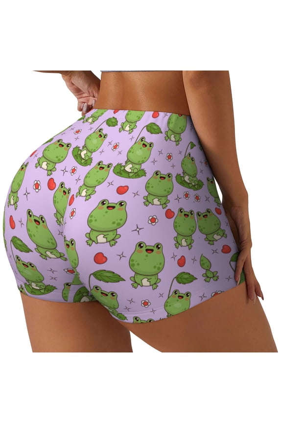 Happy Frogs1 Printed Power Workout Shorts for Women Tummy Control Squat Proof Ribbed Thick Seamless Scrunch Active Short-X-Large