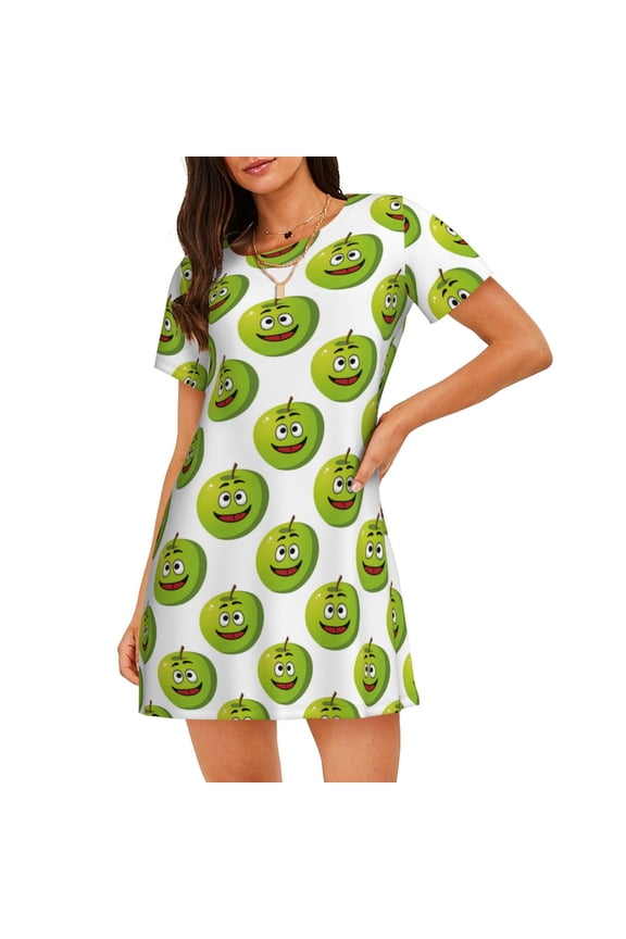 Happy Fruit Print Women’s Nightdress – Cozy Cotton Short-sleeved Sleep Shirt, Loose-Fit Sleepwear, Perfect for Relaxing and Sleeping