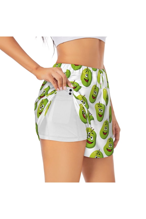 Happy Fruit Printed 2 in 1 Women's Workout Shorts for Athletic Gym Running Shorts with Phone Pockets-Large