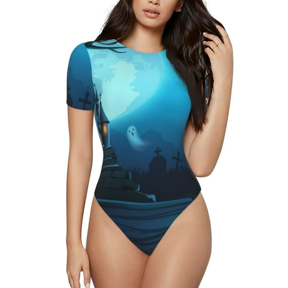 Rateoe Happy Halloween-1 Printed Women Rash Guard Short Sleeve,Tummy control Swimsuit Surfing Swimsuit Bathing Suit Short-sleeved Onesie UPF 50+ -Large
