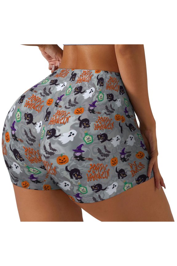 Happy Halloween Printed Power Workout Shorts for Women Tummy Control Squat Proof Ribbed Thick Seamless Scrunch Active Short-XX-Large