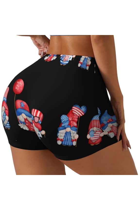 Happy Independence Day Gnome Printed Power Workout Shorts for Women Tummy Control Squat Proof Ribbed Thick Seamless Scrunch Active Short-Large