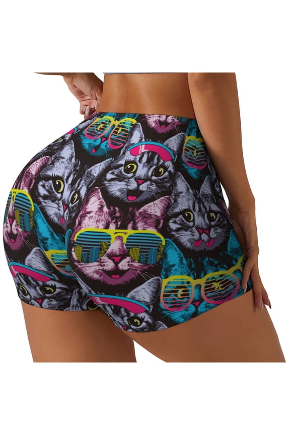 Happy Kitten Faces Printed Power Workout Shorts for Women Tummy Control Squat Proof Ribbed Thick Seamless Scrunch Active Short-Medium