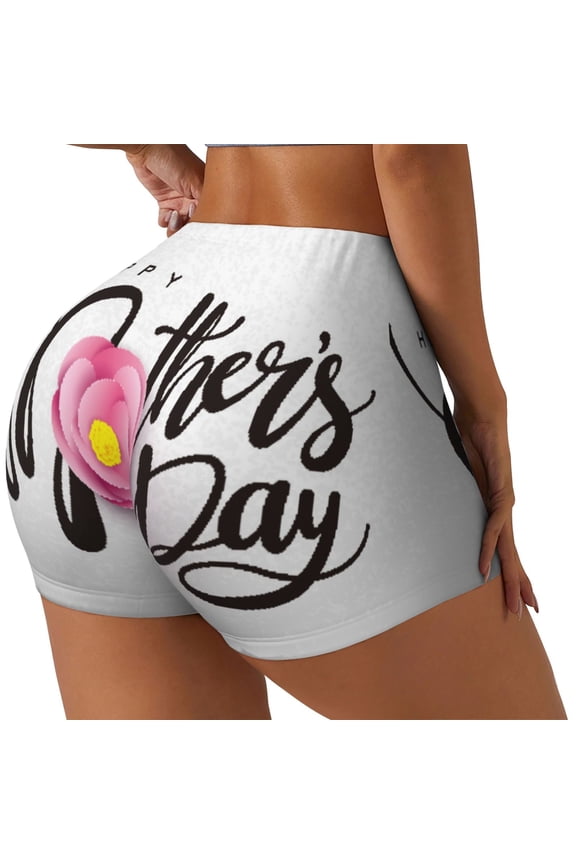 Happy Mother's Day (3) Printed Power Workout Shorts for Women Tummy Control Squat Proof Ribbed Thick Seamless Scrunch Active Short-Large