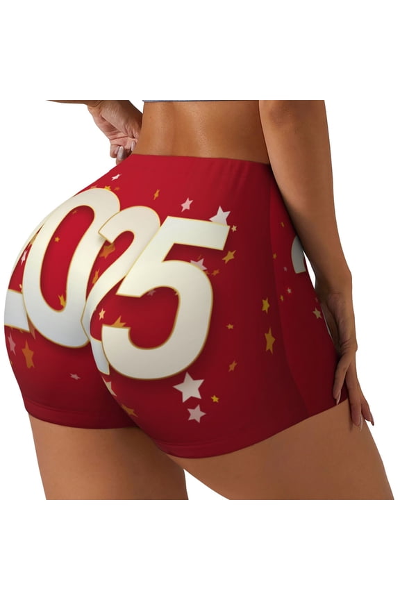 Happy New 2025 Year Printed Power Workout Shorts for Women Tummy Control Squat Proof Ribbed Thick Seamless Scrunch Active Short-X-Large