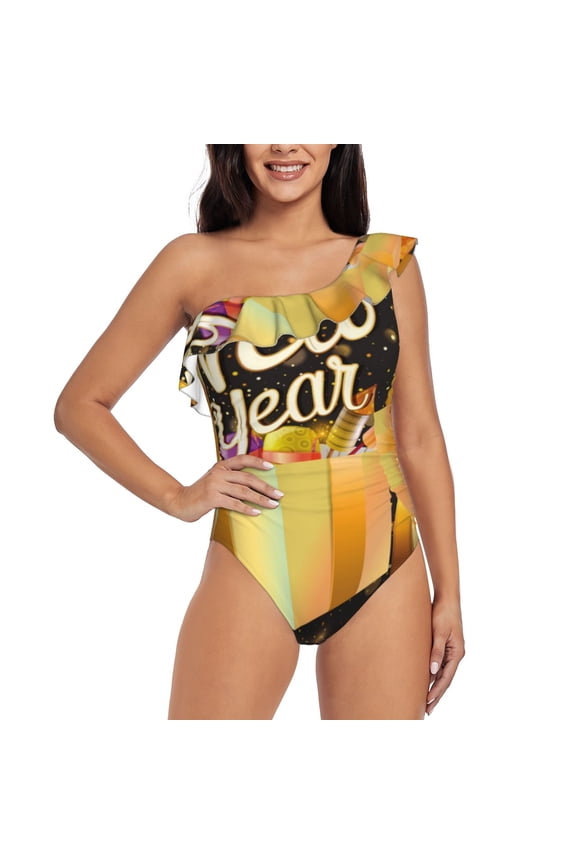 Happy New Year 2025 C Pattern Women One Piece Swimsuits Tummy Control One Shoulder Bathing Suits Ruffle Swimwear-X-Large