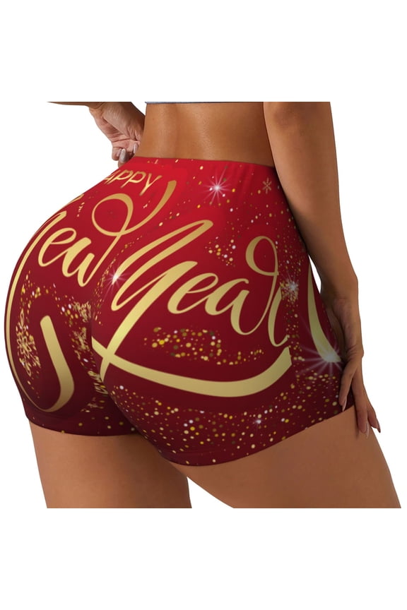 Happy New Year2 Printed Power Workout Shorts for Women Tummy Control Squat Proof Ribbed Thick Seamless Scrunch Active Short-Large