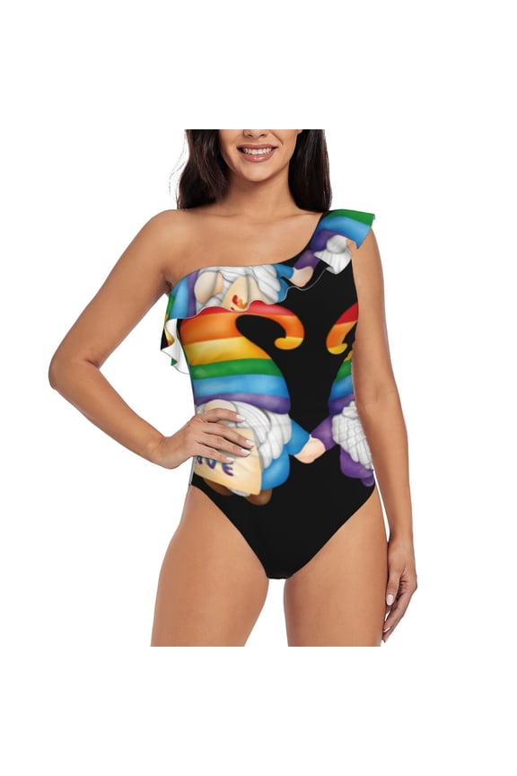 Happy Pride Gnome Pattern Women One Piece Swimsuits Tummy Control One Shoulder Bathing Suits Ruffle Swimwear-Large
