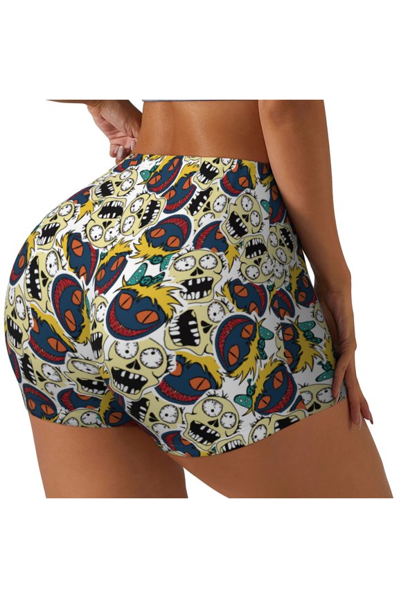 Happy Skeleton Printed Power Workout Shorts for Women Tummy Control Squat Proof Ribbed Thick Seamless Scrunch Active Short-X-Large