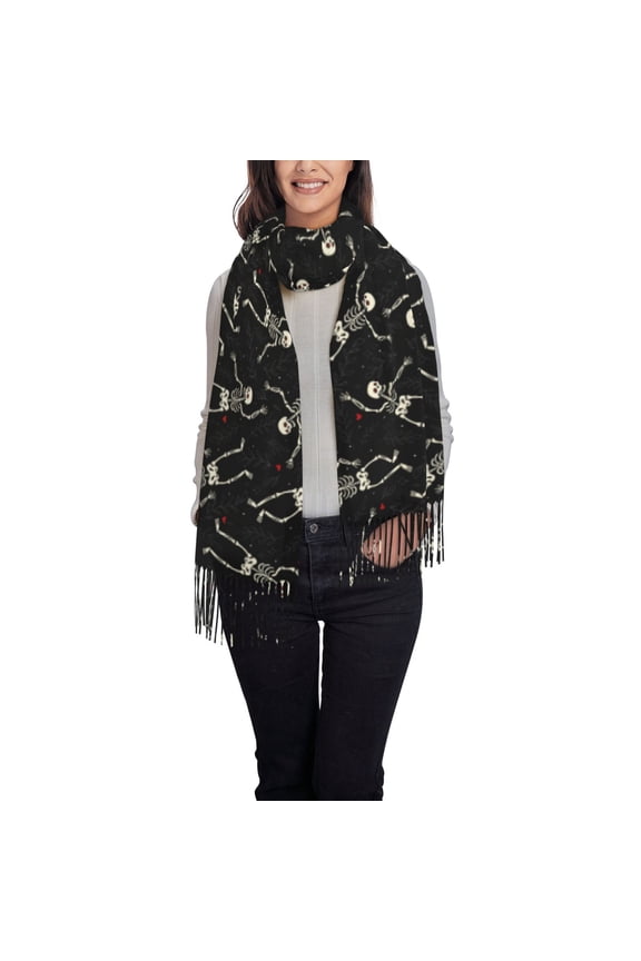 Happy Skeletons Dancing Women's Traditional Scarf Wrap Tassel Shawl Fringes Neck Head Shawl Retro Scarf