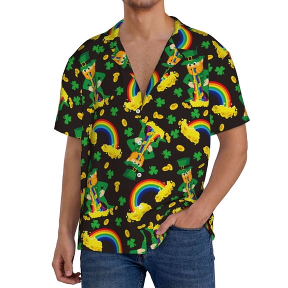 Rateoe Happy St. Patrick's Day Pattern Men's Short Sleeve Classic Shirt, Casual Short-Sleeved Shirt, Lightweight Summer Shirt, Cuban Collar Shirt,Button-Front Shirt-X-Large