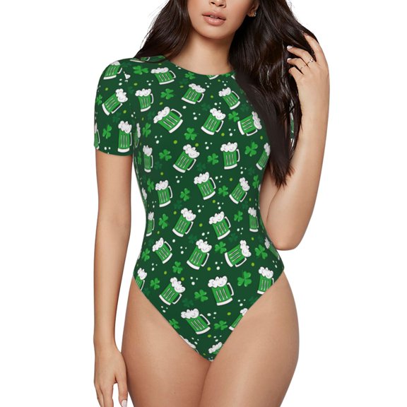 Rateoe Happy St. Patrick's Day Printed Women Rash Guard Short Sleeve,Tummy control Swimsuit Surfing Swimsuit Bathing Suit Short-sleeved Onesie UPF 50+-XX-Large